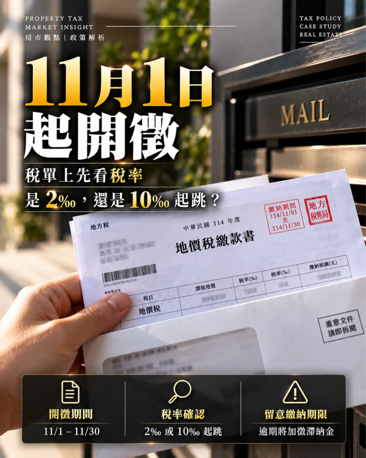 地價稅11月開徵輪播第2張：11月1日起開徵