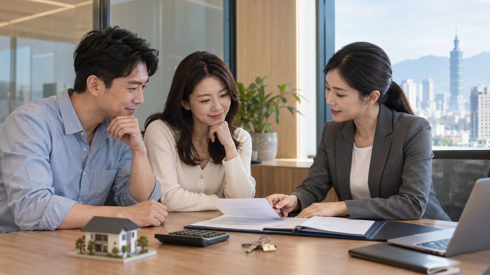 台灣換屋家庭與銀行顧問討論第二戶房貸成數及自備款規劃