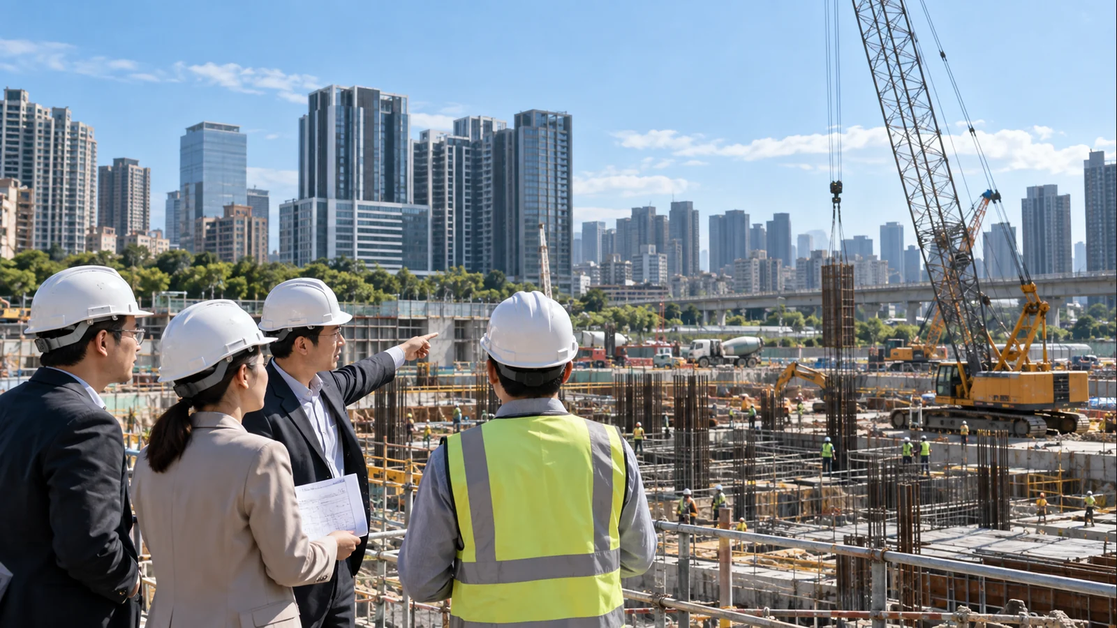 竹北科技園區建築工地與產業代表視察的動土施工情境