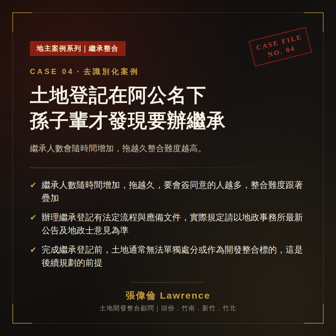 土地登記在阿公名下，孫子輩才發現要辦繼承