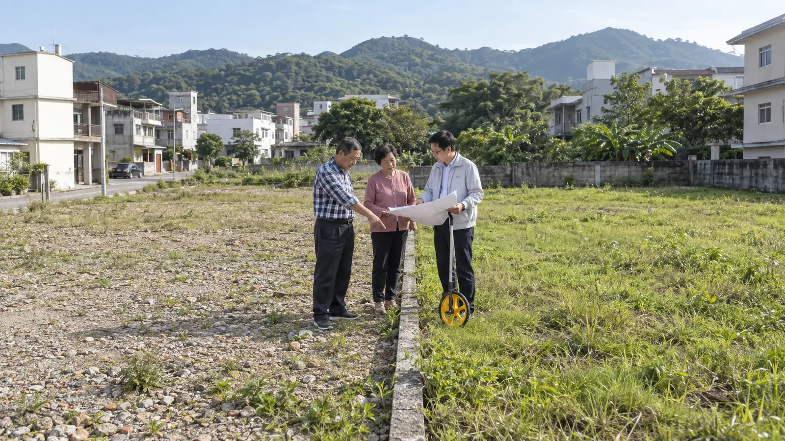 頭份相鄰土地現場,地主與顧問核對界址和地籍圖