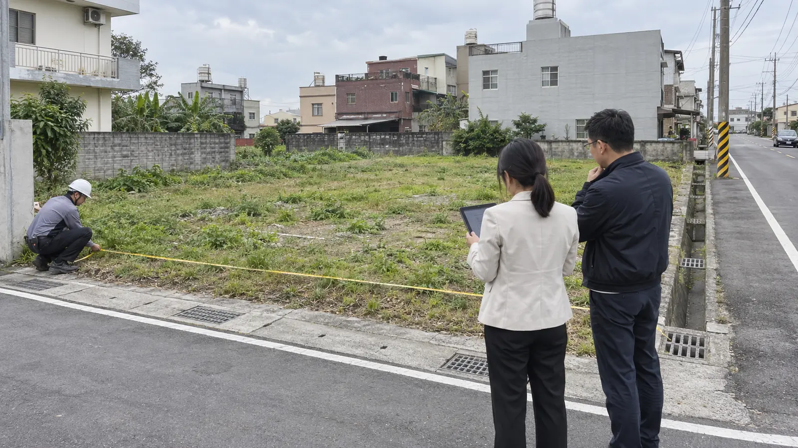竹南建地現場由測量與建築專業人員查核面寬道路及基地條件