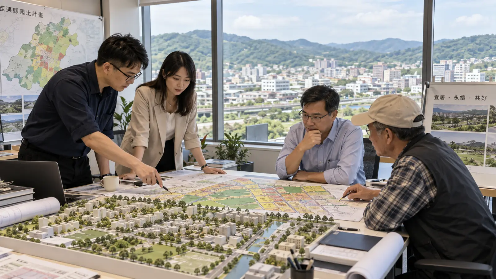 苗栗都市計畫工作空間中專業人員與地主研究分區圖和城市模型