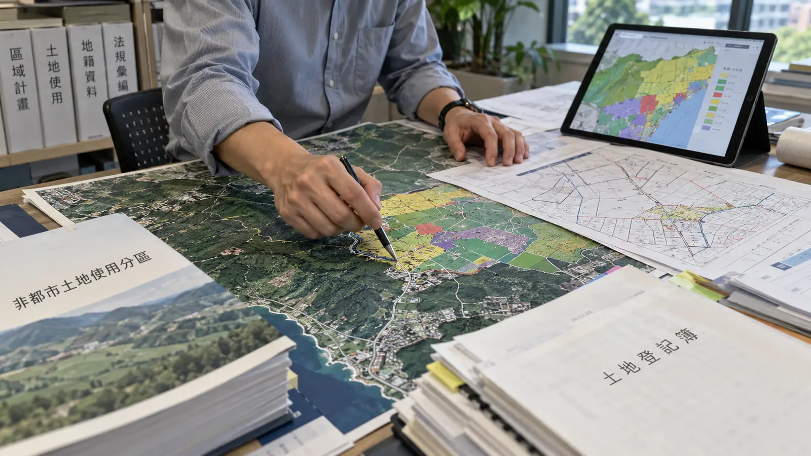 土地規劃人員核對非都市土地使用分區圖、地籍圖與土地登記資料