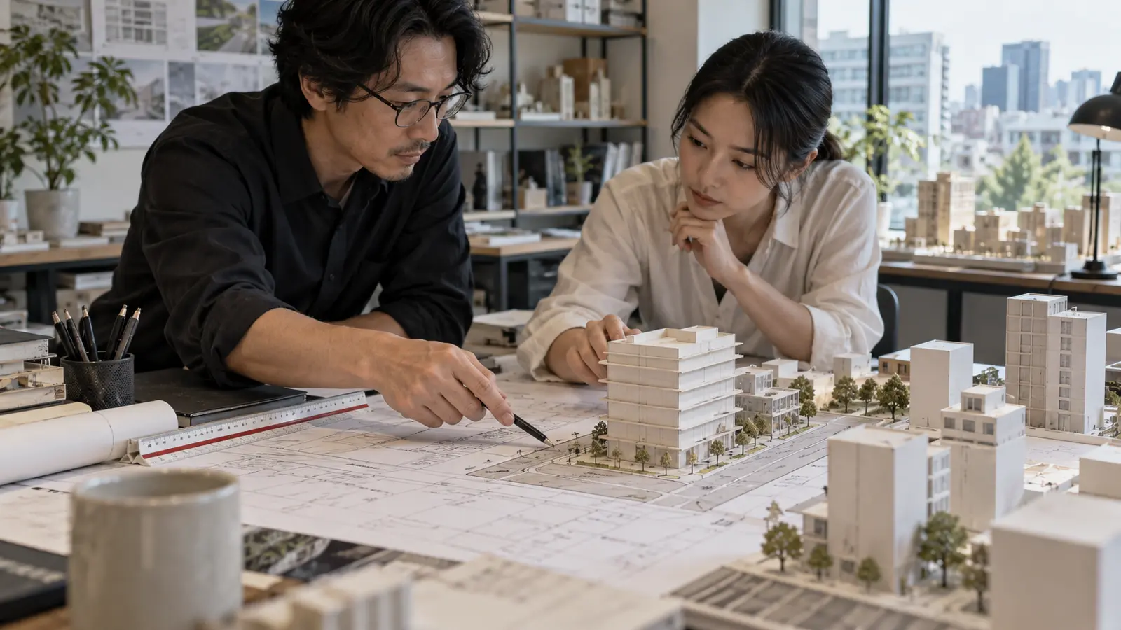 建築師與土地顧問利用基地模型及圖面試算建蔽率與容積率