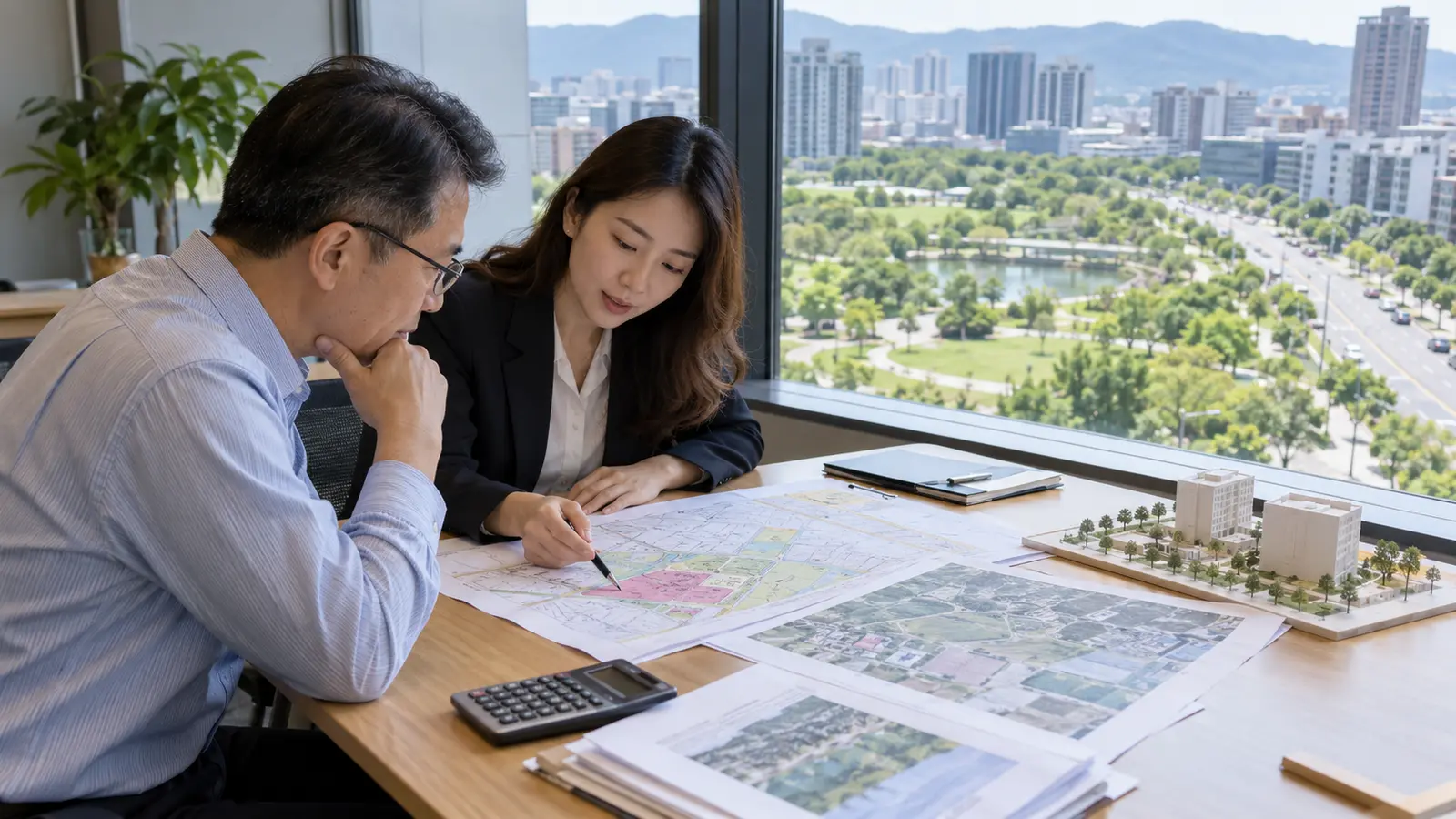 土地顧問與地主在規劃辦公室查看公共設施保留地圖與都市計畫容積移轉資料