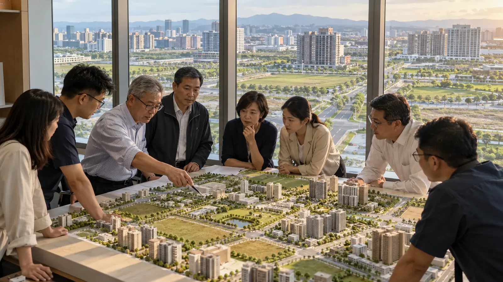 地主、規劃師與工程顧問在基地模型旁開會討論自辦市地重劃、道路與土地分配