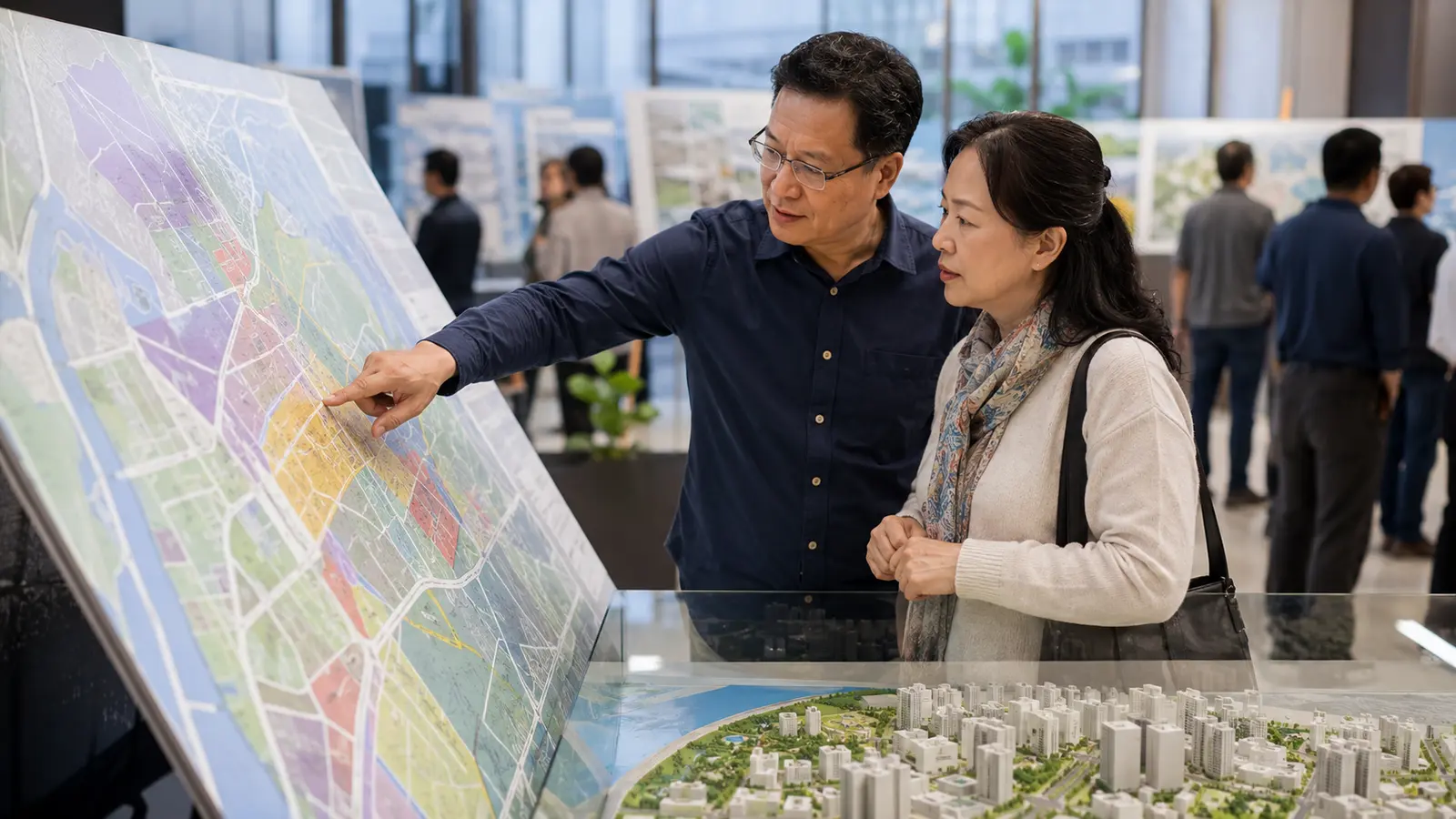 台灣地主參加都市計畫通盤檢討公開展覽並查看土地使用分區圖