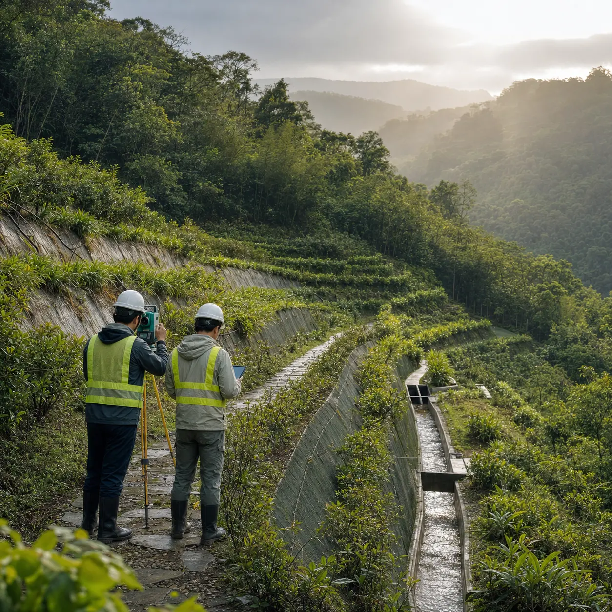 山坡地水土保持設施與專業測量人員進行坡地開發前現場調查