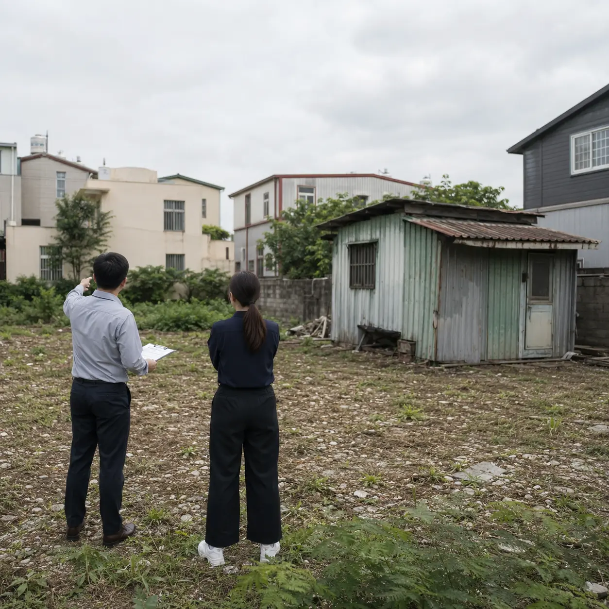 竹南頭份空地角落有鐵皮屋占用，地主與顧問現場查核