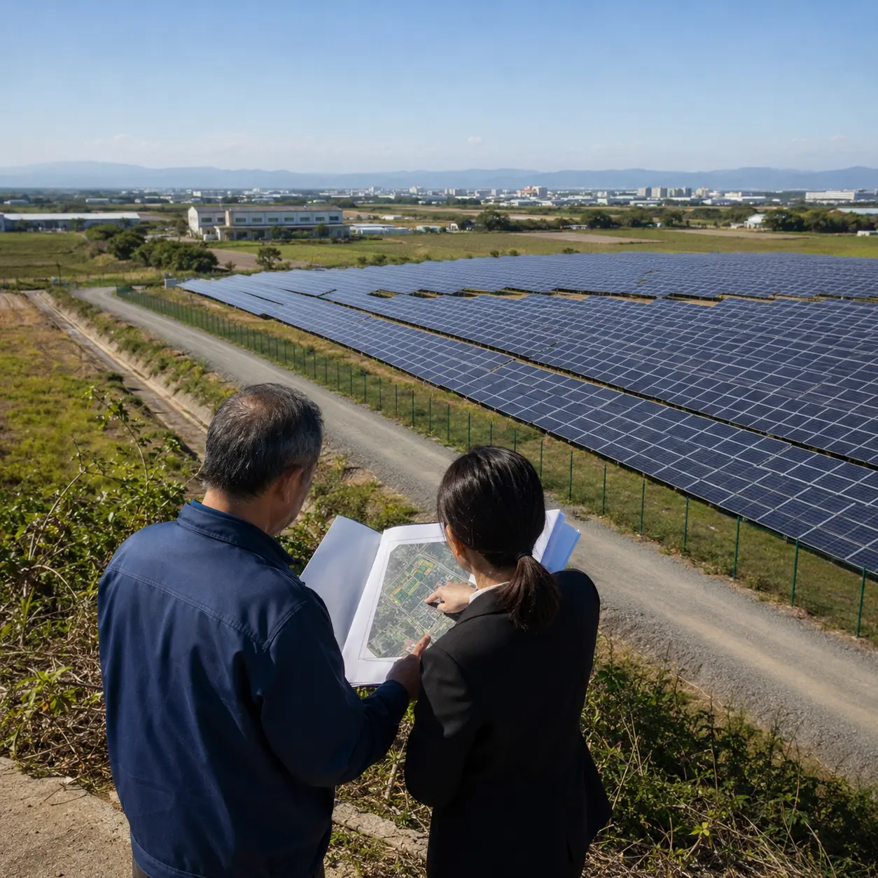 地主與顧問在太陽能光電設施旁檢視長期土地租約