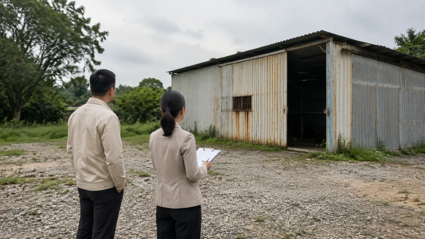 地主與土地顧問現場檢視土地上的老舊鐵皮建物