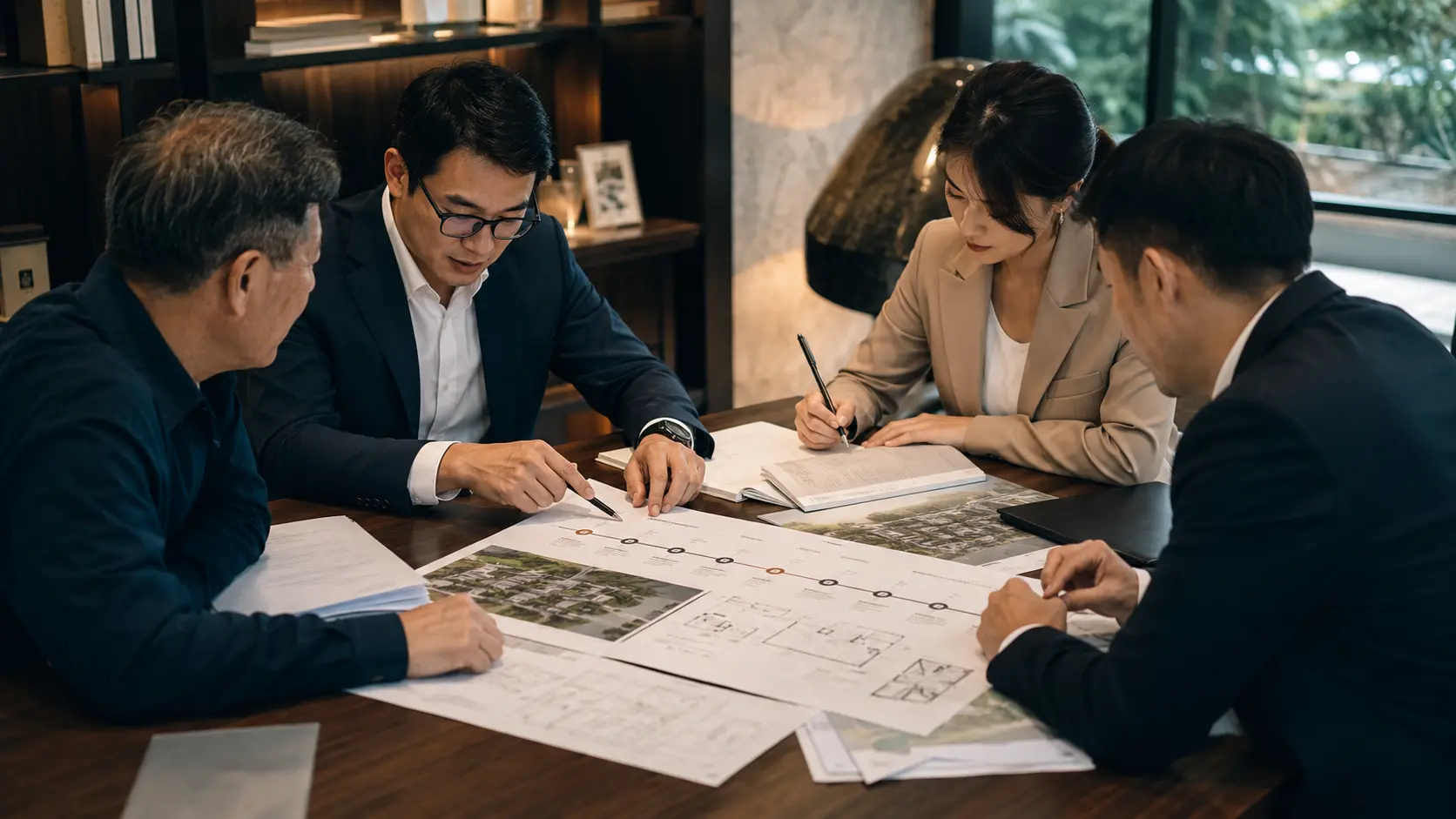 地主與律師建築師檢視合建契約及分階段開發里程碑