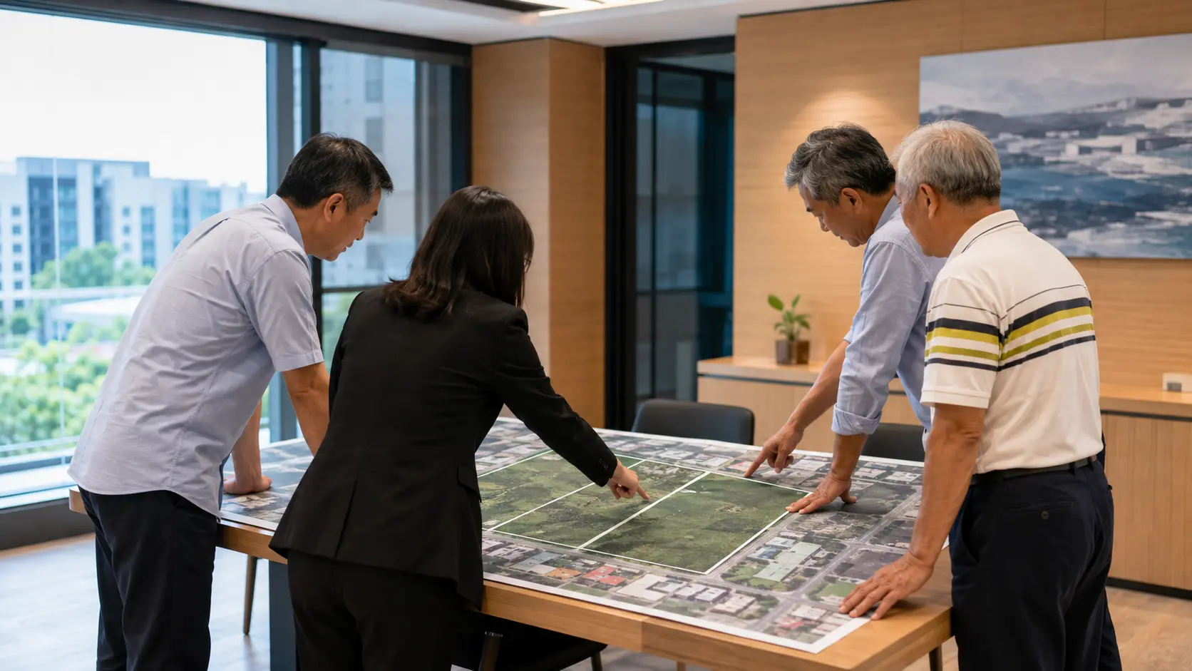 三位地主與土地顧問在桌上以模型和地圖協調相鄰土地整合