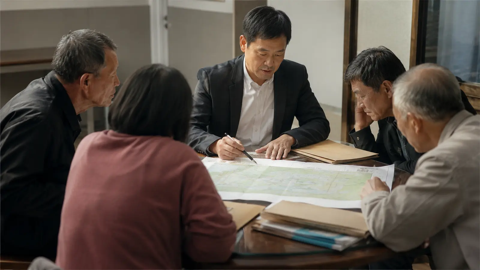 多位地主與土地顧問圍桌檢視基地圖並討論簽約進度