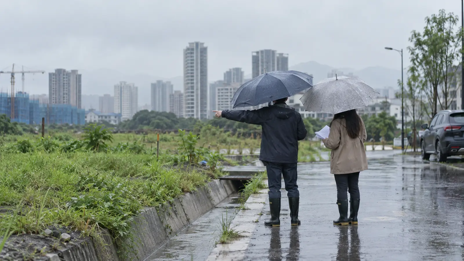 下雨天仍去看地:排水與高低差更容易看見寫實工作情境圖