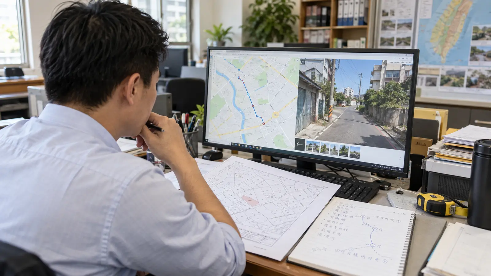 土地開發顧問在辦公室用線上地圖與地籍資料準備現場會勘